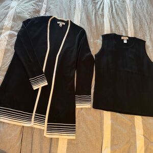 Carducci Black & White Trim Open-Front Cardigan Set with Sleeveless Tank